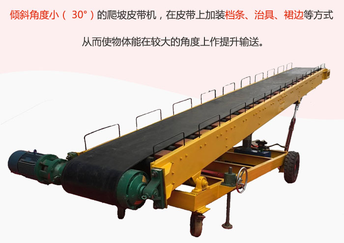倾斜角度小（ 30°）的爬坡皮带机，在皮带上加装档条、治具、裙边等方式从而使物体能在较大的角度上作提升输送。