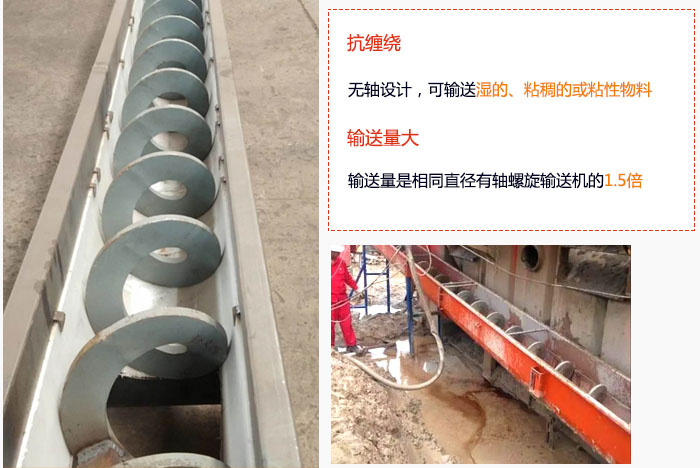 WLS无轴包子视频APP苹果下载输送量大是相同直径有轴包子视频APP苹果下载的1.5倍，抗缠绕性好，无轴设计，可输送湿的、粘稠的或粘性物料。